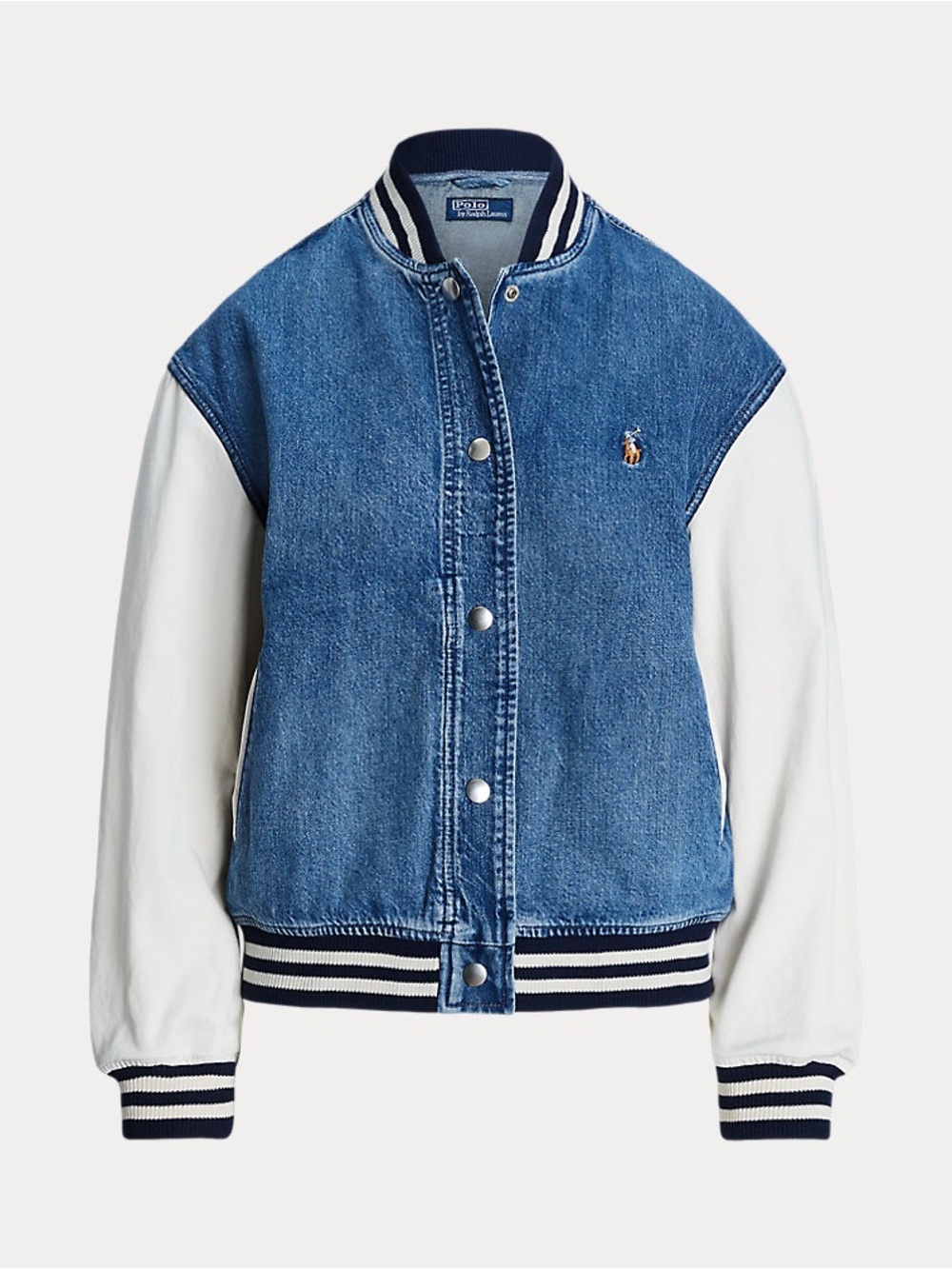 New Polo by Ralph Lauren Blue Denim Bomber Jacket with White Sleeves - XS